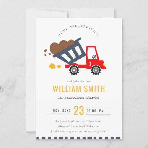 Cute Red Dump Truck Kids Any Age Birthday Invite
