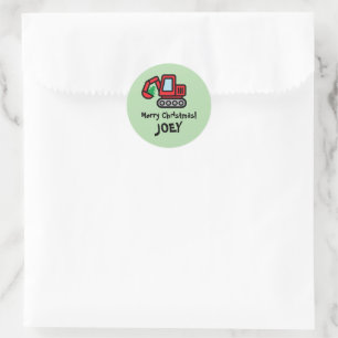 Cute red excavator with Christmas tree small kid's Classic Round Sticker