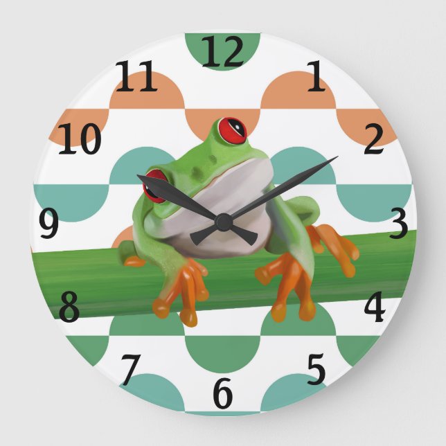 Cute Red Eyed Tree Frog Colorful Geometric Large Clock (Front)