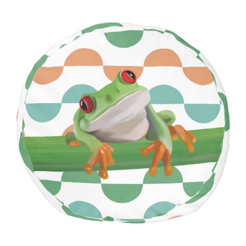 Cute Red Eyed Tree Frog Colorful Geometric Pouf