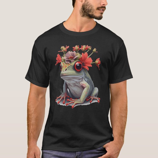 Cute Red Eyed Tree Frog Flower Crown Amphibian T-Shirt (Front)
