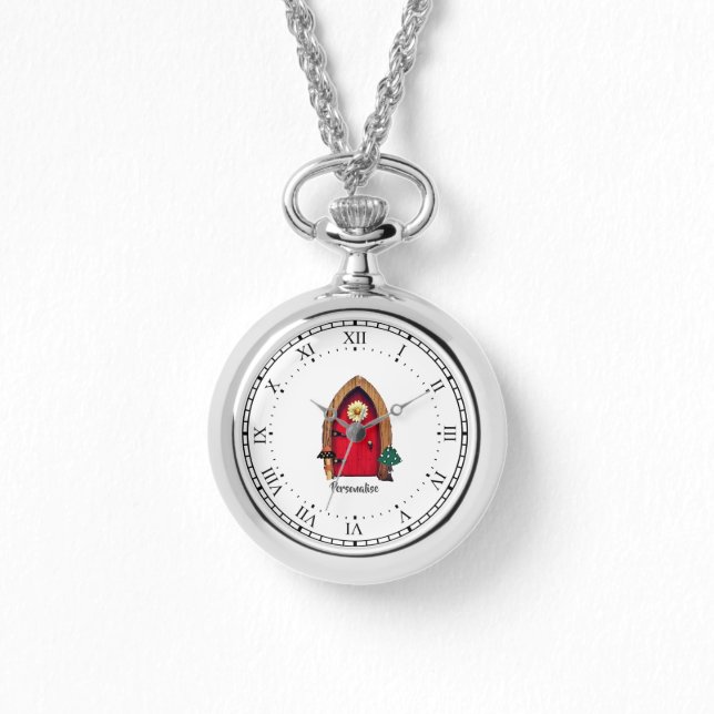 Cute Red Fairy Door Personal Silver Necklace Watch (Front)
