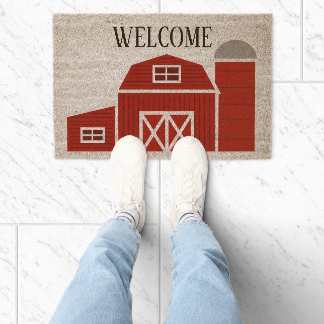 Cute red farm house drawing coco coir fiber doormat (Insitu)