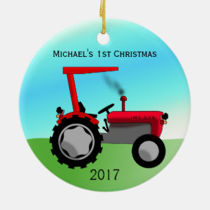 Cute Red Farm Tractor Baby's First Christmas Ceramic Ornament