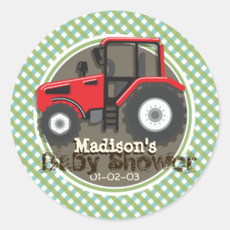 Cute Red Farm Tractor; Green Plaid Baby Shower Classic Round Sticker
