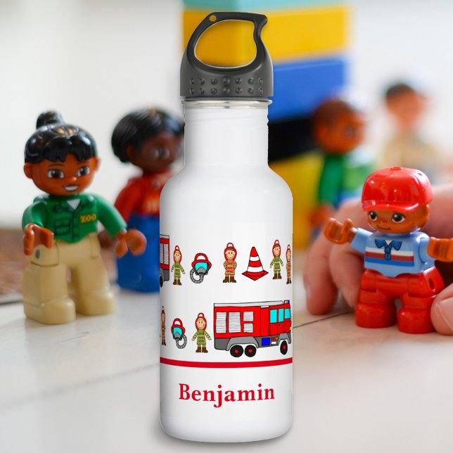 Cute Red Fire Engine & Fire Fighters Stainless Steel Water Bottle (Creator Uploaded)