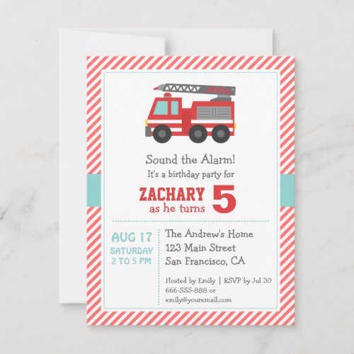 Cute Red Fire Truck Birthday Party Invitation