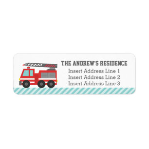 Cute Red Fire Truck Blue Stripes Label