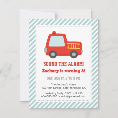 Cute Red Fire Truck Boys Birthday Party Invitation