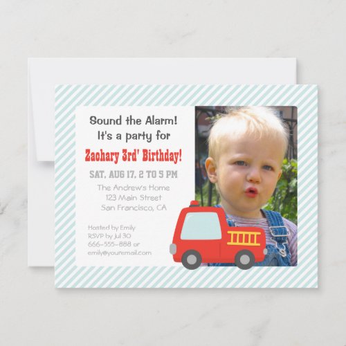 Cute Red Fire Truck Boys Birthday Party Photo Invitation