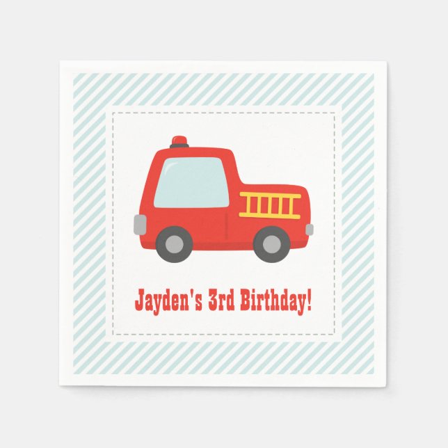 Cute Red Fire Truck Boys Birthday Party Supplies Napkins (Front)
