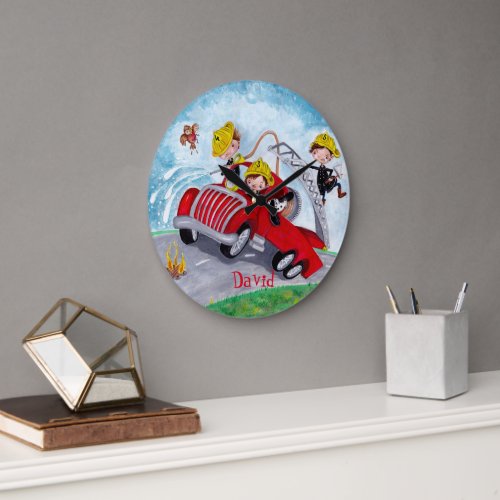 Cute Red Fire Truck for Boys Bedroom Round Clock