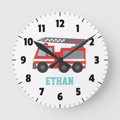 Cute Red Fire Truck for Boys Bedroom Round Clock