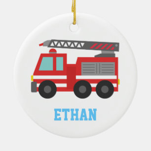 Cute Red Fire Truck for Boys, Name Ceramic Ornament
