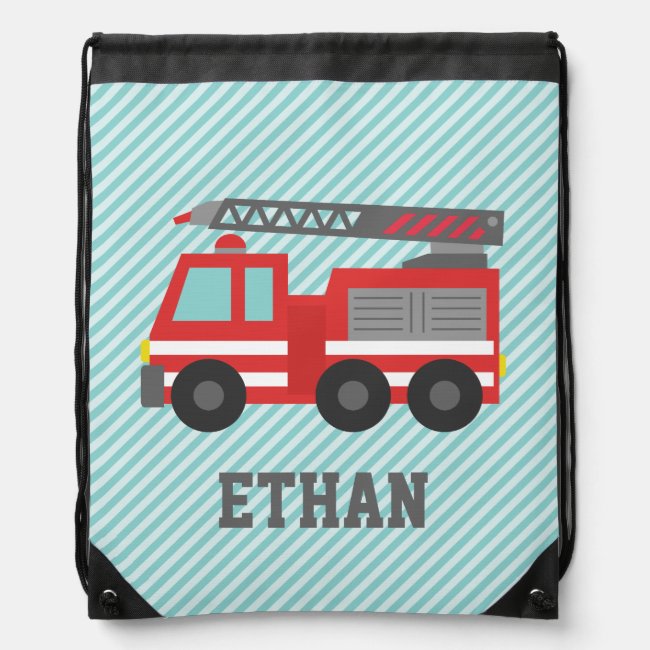 Cute Red Fire Truck for Boys, Name Drawstring Bag