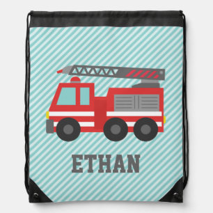 Cute Red Fire Truck for Boys, Name Drawstring Bag