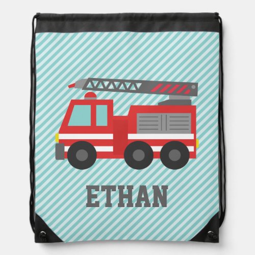 Cute Red Fire Truck for Boys Name Drawstring Bag