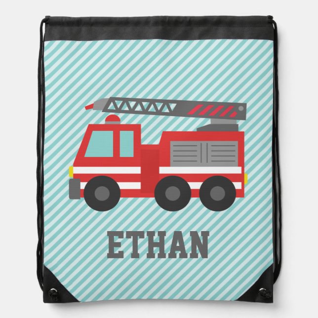 Cute Red Fire Truck for Boys, Name Drawstring Bag (Front)