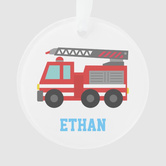 Cute Red Fire Truck for Boys, Name Ornament (Front)