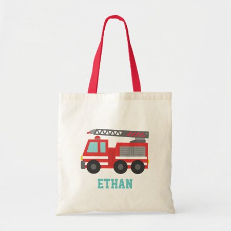 Cute Red Fire Truck For Boys, Name Tote Bag