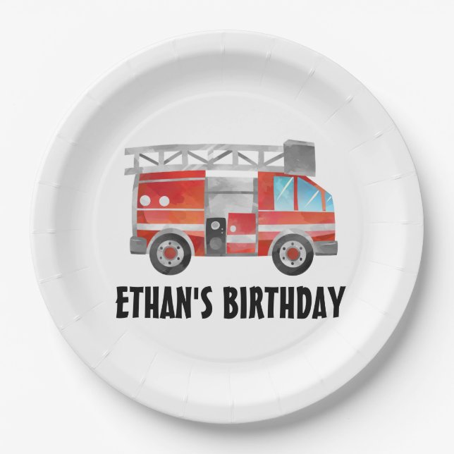 Cute Red Firetruck Birthday Party Paper Plates (Front)