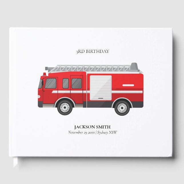 Cute Red Firetruck Engine Kids Any Age Birthday Guest Book (Front)