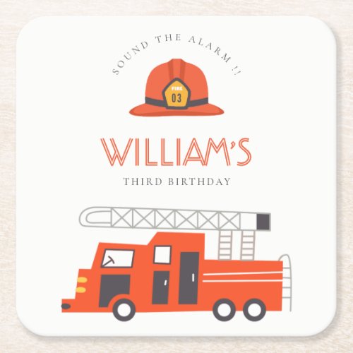 Cute Red Firetruck Engine Kids Any Age Birthday Square Paper Coaster