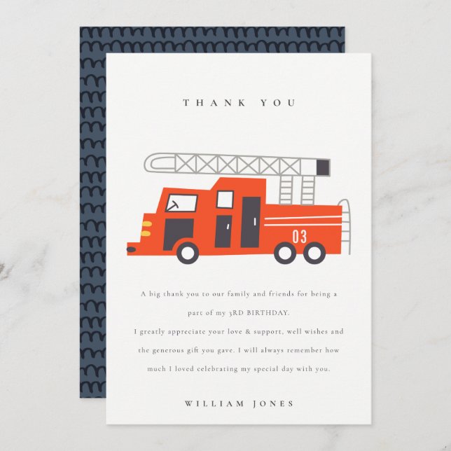 Cute Red Firetruck Engine Kids Any Age Birthday Thank You Card (Front/Back)
