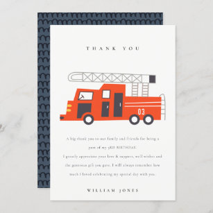 Cute Red Firetruck Engine Kids Any Age Birthday Thank You Card