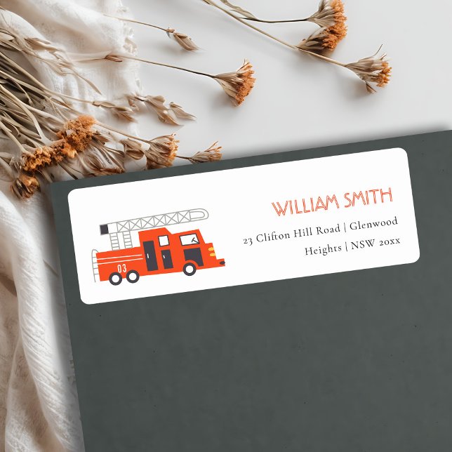 Cute Red Firetruck Engine Kids Birthday Address Label (Creator Uploaded)