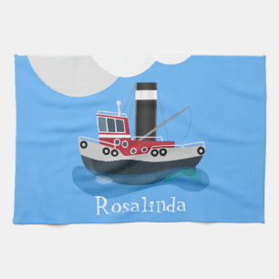 Cute red fishing trawler boat cartoon illustration kitchen towel