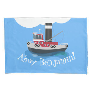 Cute red fishing trawler boat cartoon illustration pillow case