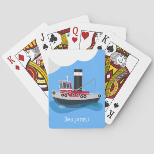 Cute red fishing trawler boat cartoon illustration poker cards