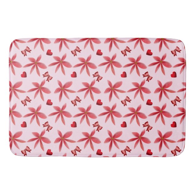 Cute Red Floral Heart Pattern Seamless Girly  Bath Mat (Front)