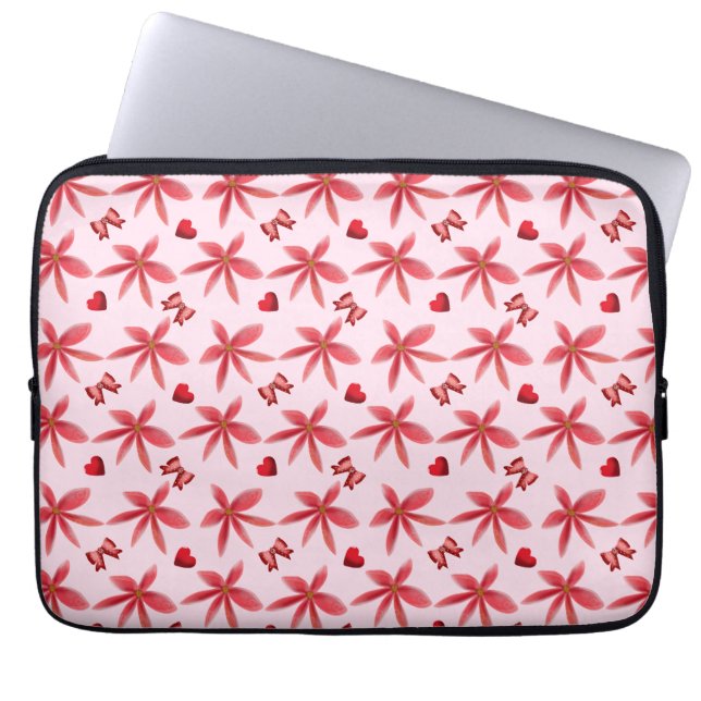 Cute Red Floral Heart Pattern Seamless Girly  Laptop Sleeve (Front)