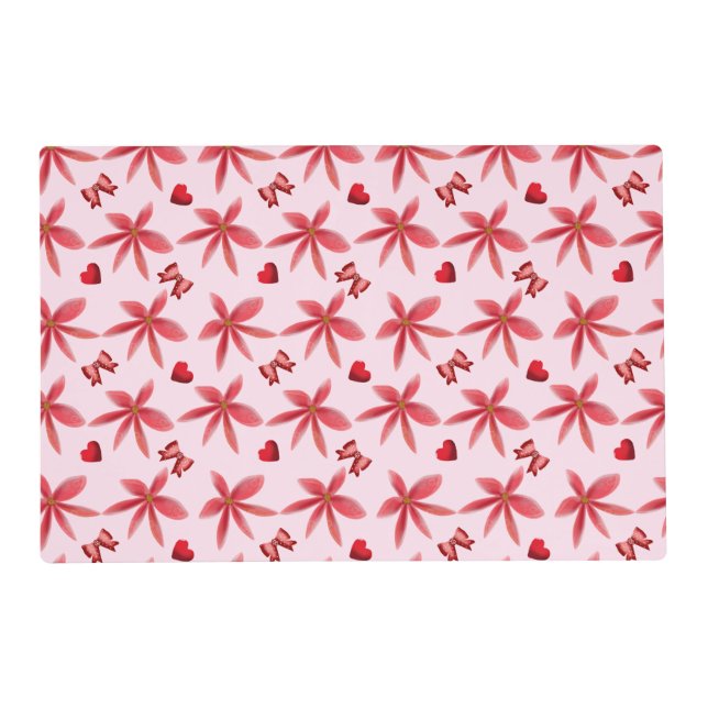 Cute Red Floral Heart Pattern Seamless Girly  Placemat (Front)