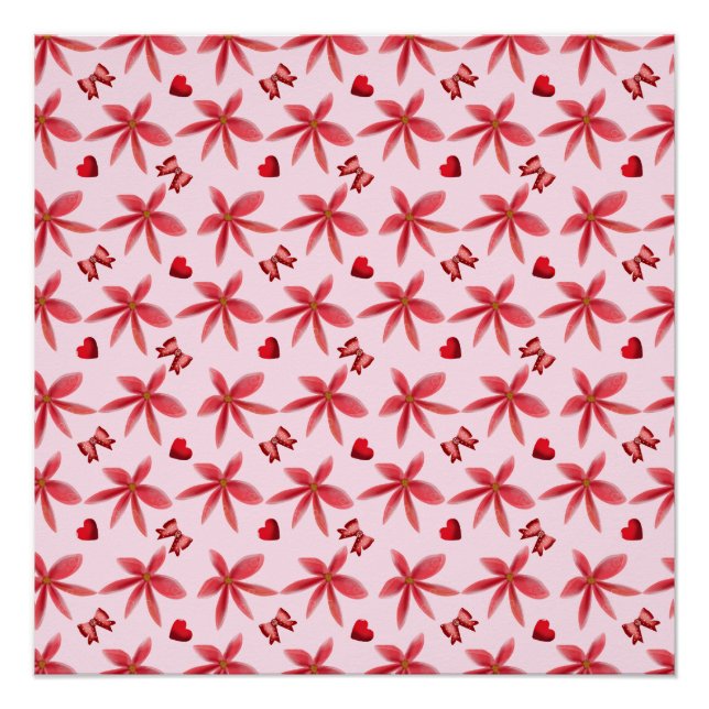 Cute Red Floral Heart Pattern Seamless Girly  Poster (Front)