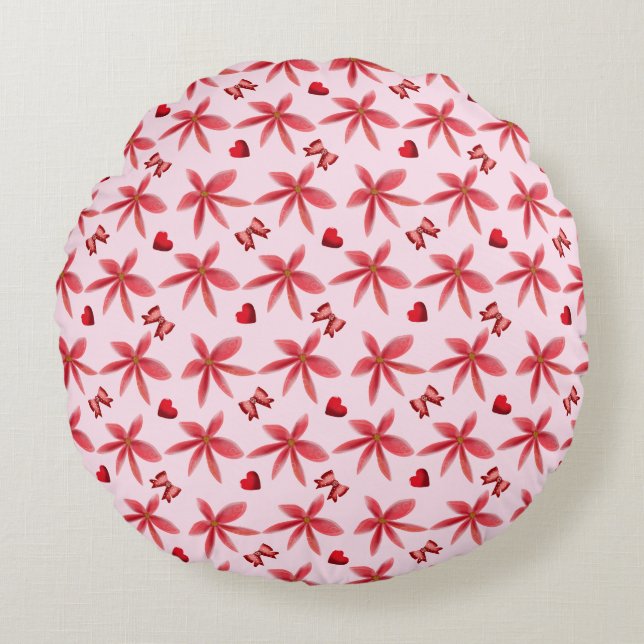 Cute Red Floral Heart Pattern Seamless Girly  Round Pillow (Front)