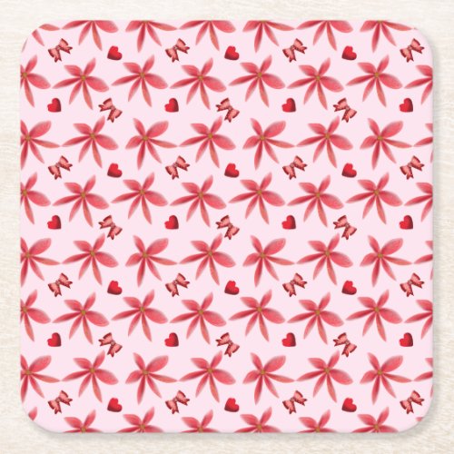 Cute Red Floral Heart Pattern Seamless Girly  Square Paper Coaster