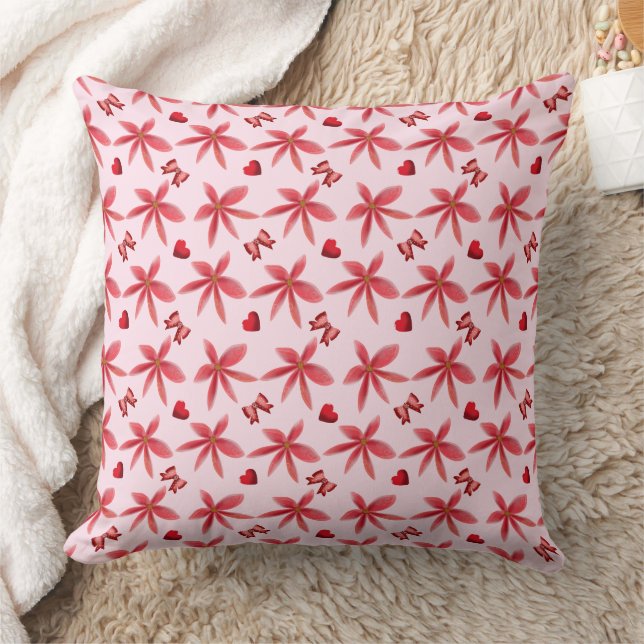 Cute Red Floral Heart Pattern Seamless Girly  Throw Pillow (Blanket)