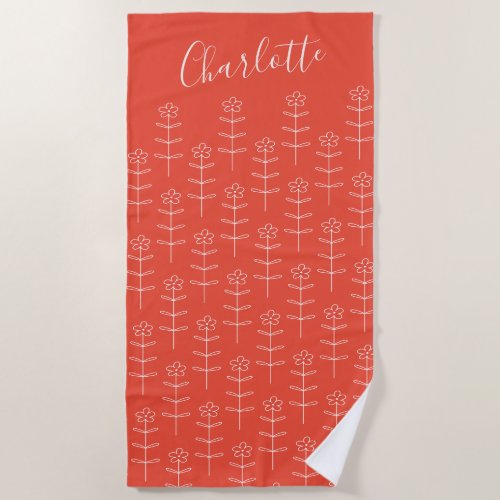 Cute Red Floral Line Art Drawing Personalized  Beach Towel