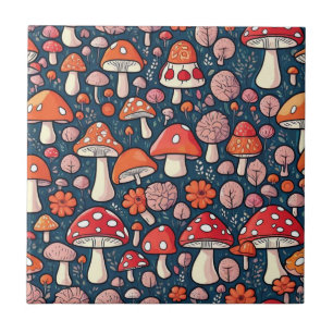Cute red floral mushrooms in green decor ceramic tile