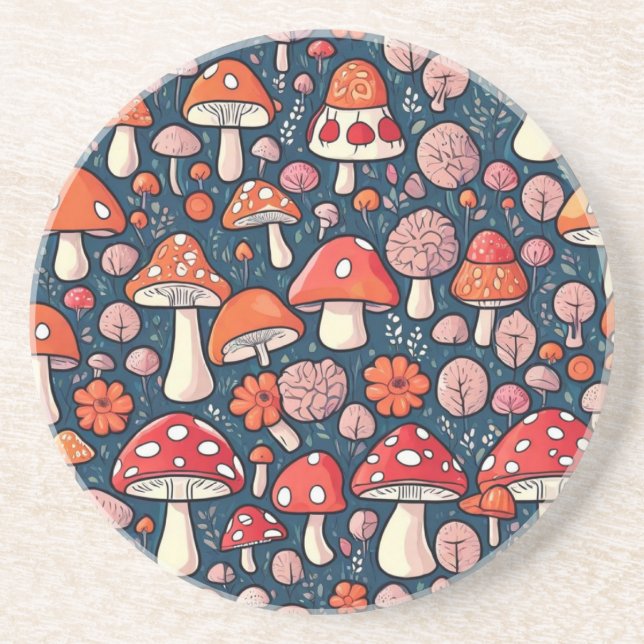 Cute red floral mushrooms in green decor coaster (Front)