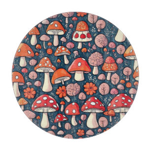 Cute red floral mushrooms in green decor cutting board
