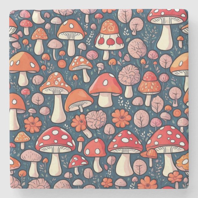 Cute red floral mushrooms in green decor stone coaster (Front)
