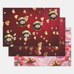 Cute Red floral & Pink Hearts Valentine's Day Wrapping Paper Sheets