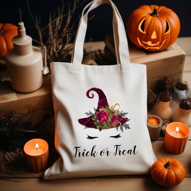 Cute Red Floral Witch Hat Halloween Trick or Treat Tote Bag (Creator Uploaded)