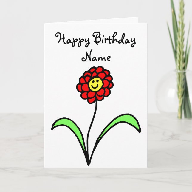 Cute Red Flower Smiling Face Birthday Card (Front)