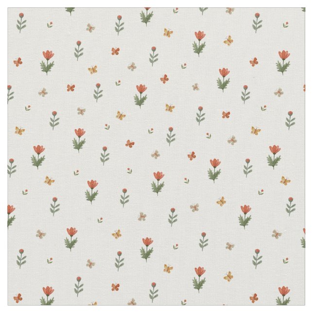 Cute Red flowers & Butterflies Floral Pattern   Fabric (Close Up)
