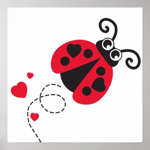 Cute red flying ladybug kids nursery poster